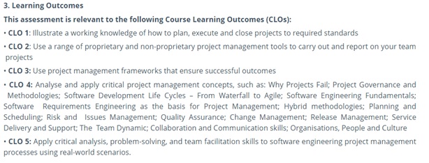 software project management assesmentt learning outcomes