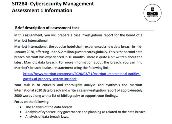 SIT284 cybersecurity management assessment 1 information