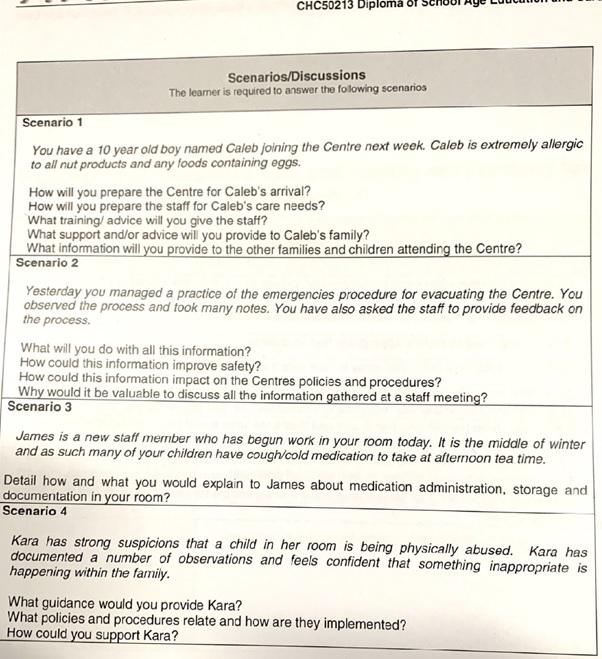 chc50213diploma of school age education and care assessment answer questions