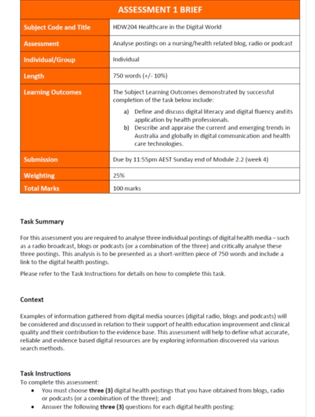 hdw204 healthcare in the digital world assessment answer sample assignment