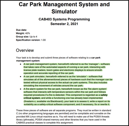 CAB403 car park management system and simulator assessment answer 2